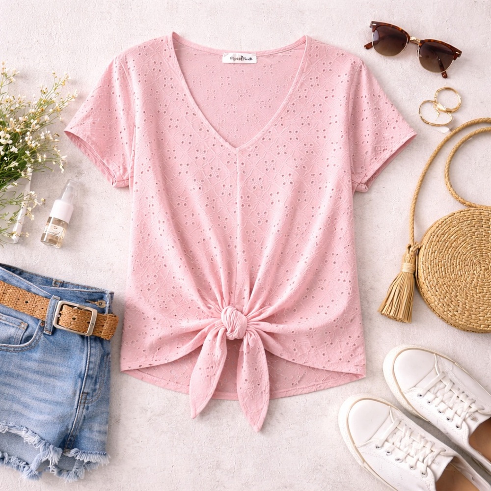 Perfectly Priscilla Pink Eyelet Tie Front Top Boho Summer Blouse Medium